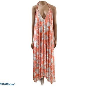 Yanina Fu Orange Shell Print Halter Maxi Dress OS
